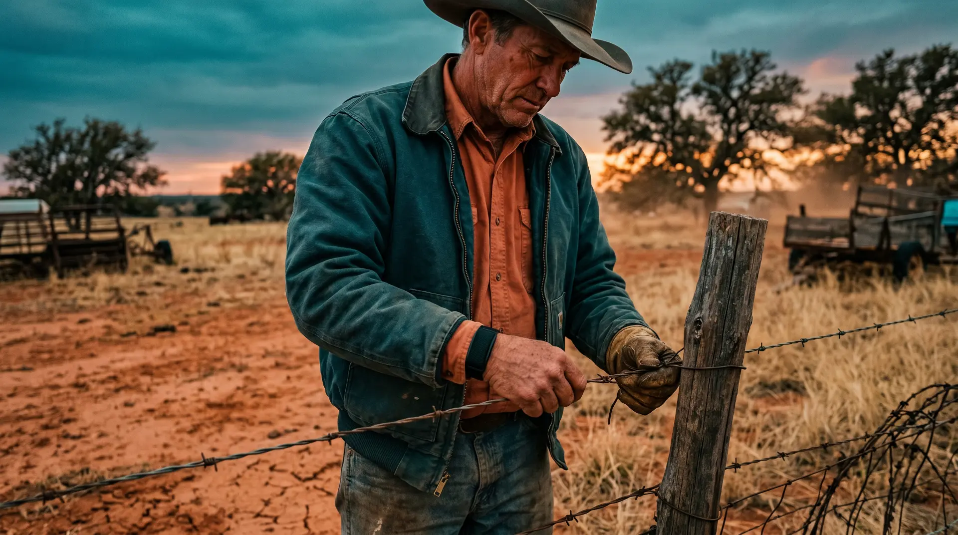 Rancher mending a barbed wire fence at dusk
