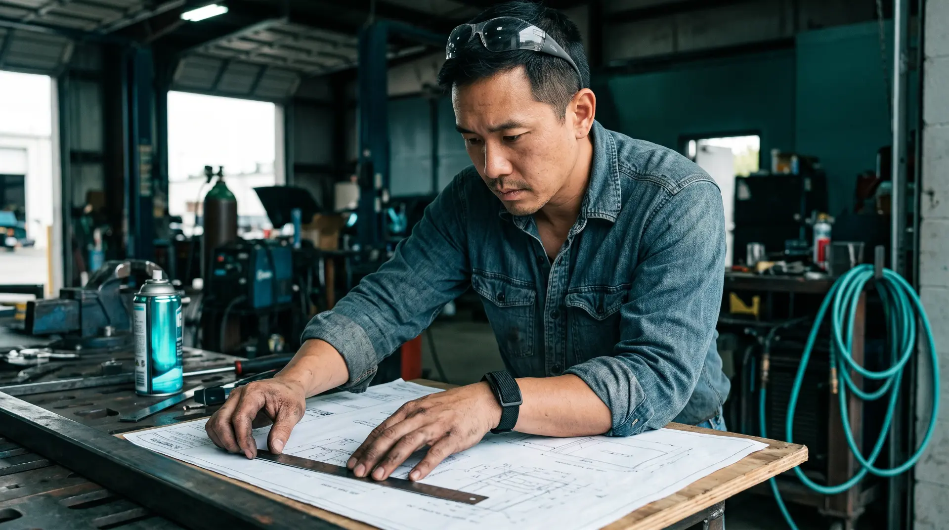 Machinist reviewing a blueprint in a workshop