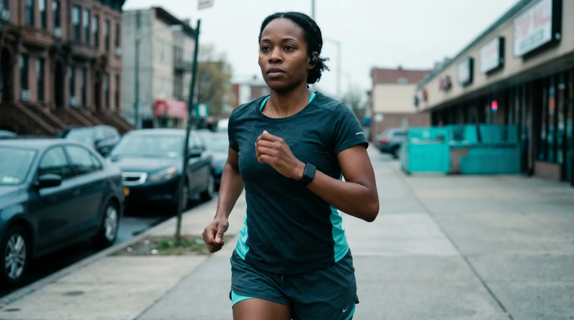 Woman running down a city sidewalk wearing the Optimus OS band