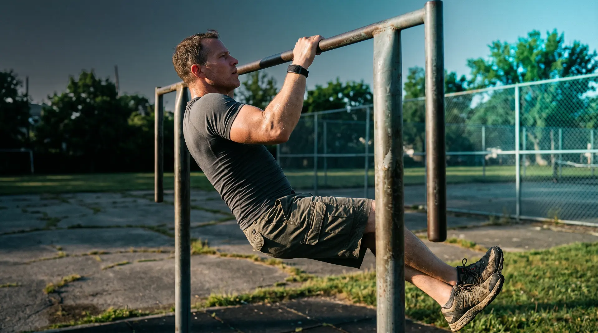 Man doing a pull-up on outdoor exercise bars